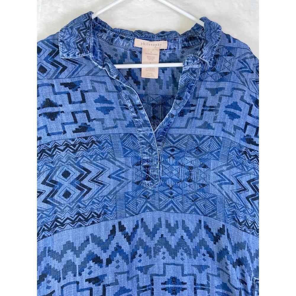 Philosophy Womens Dress Tunic Sz Large Aztec Chambray Western Boho Streetwear - Picture 2 of 12